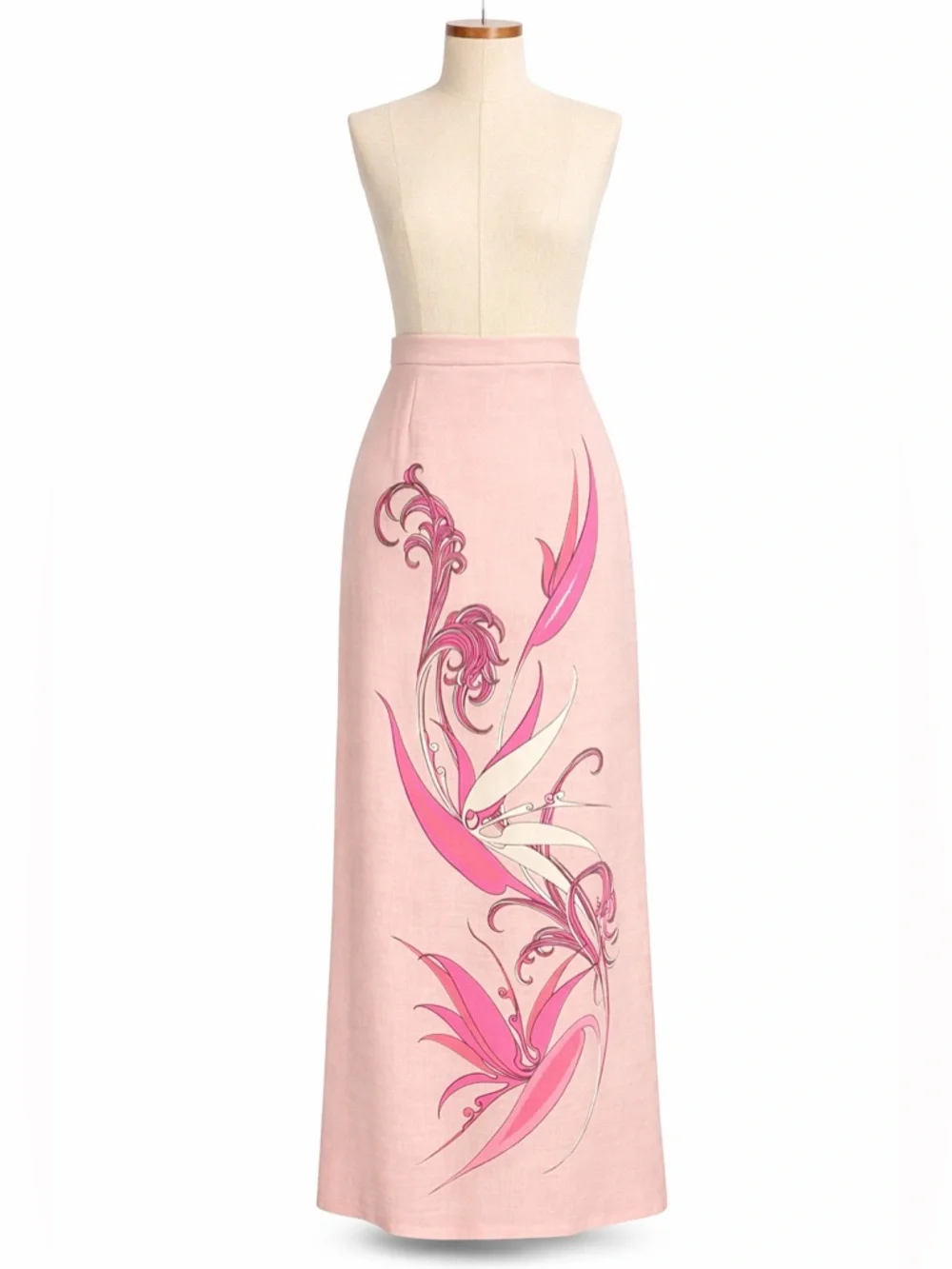 Vintage pink mid century maxi skirt- painted floral design- XS - Picture 2 of 7